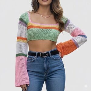 Colorblock Crochet pullover Crop knit top crochet Swim cover breathable Small